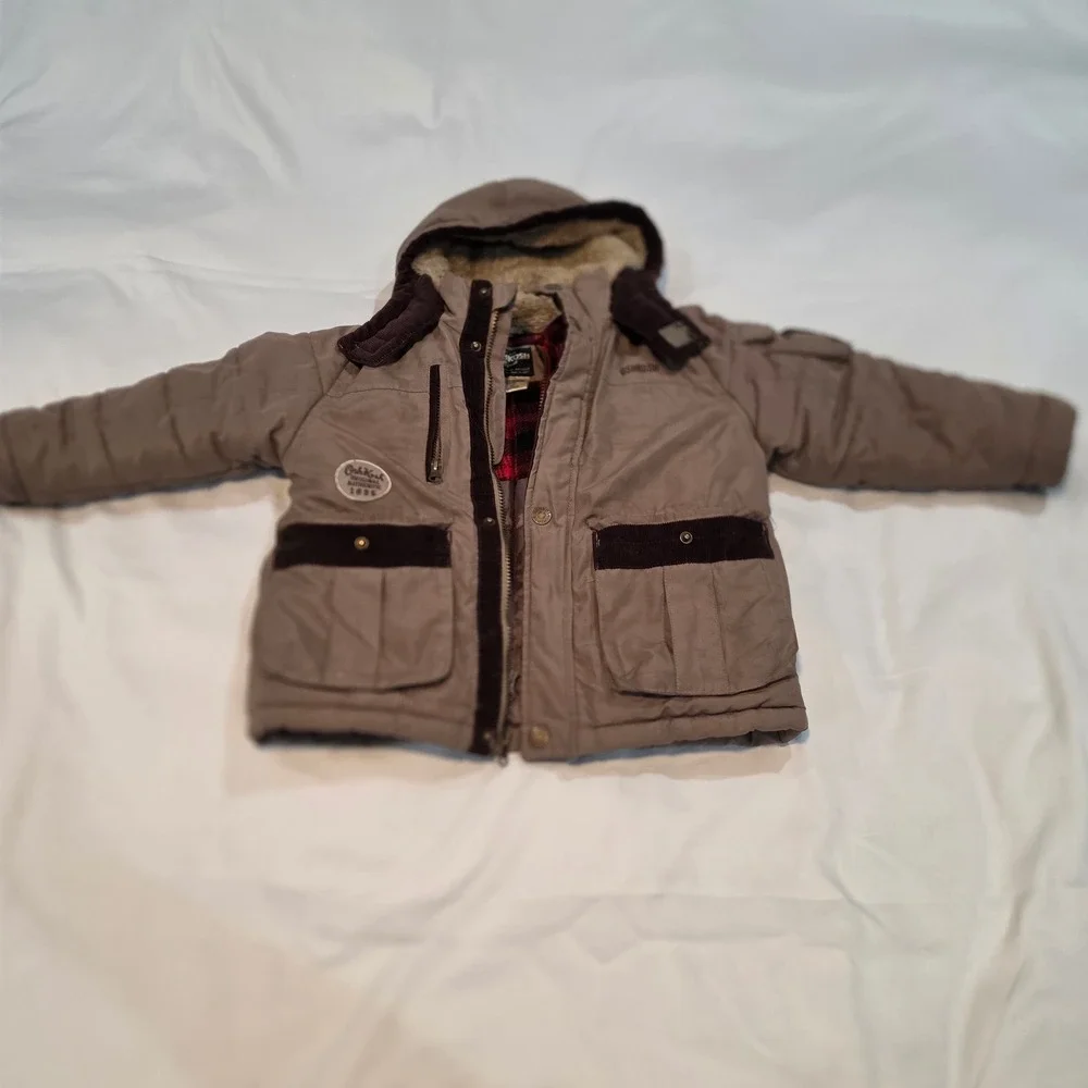 OshKosh B'gosh Parka Jacket Boys 6 Tan Flannel Lined Hooded Excellent B216JS2-SA